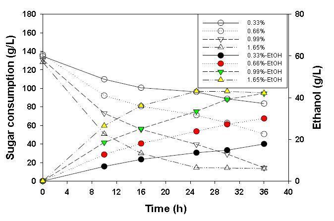 발효에 있어서의 초기균체 접종량 영향 (코토니, B.custersii, milyon milyon monosaccharides)