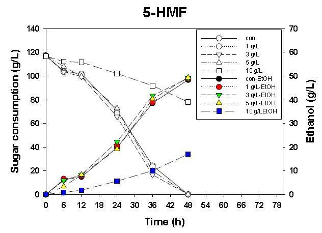 5-HMF의 농도에 따른 발효 영향 (B. custersii, 10% galactose, 1% N-source)