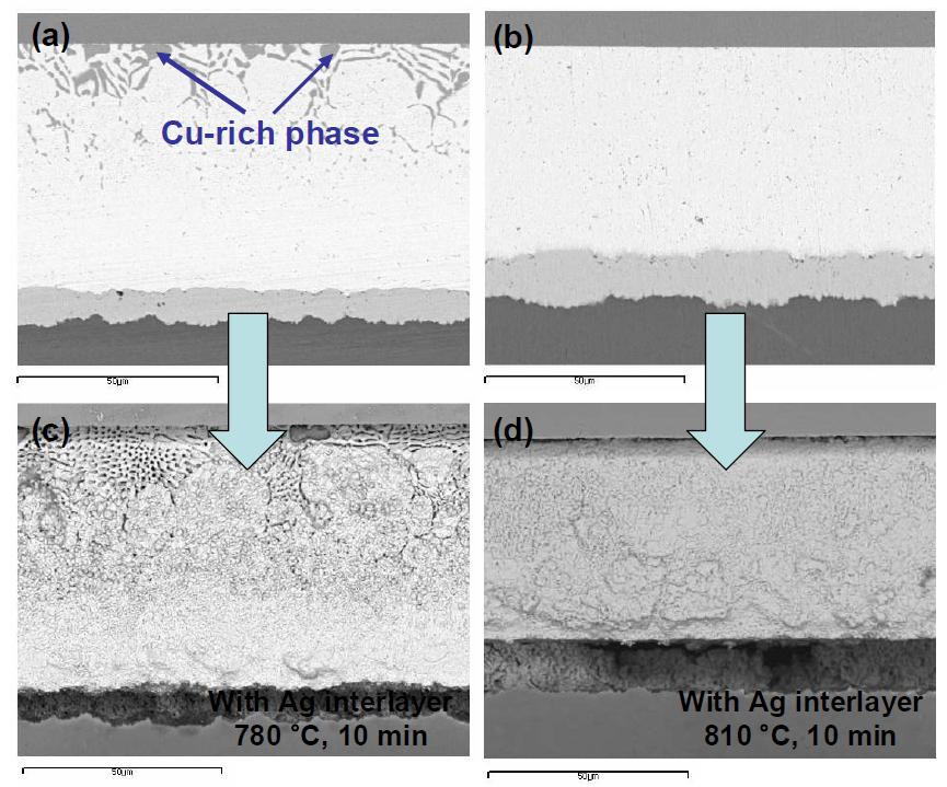 Ag 중간층 및 Ag-Cu 삽입재를 이용하여 접합한 시편의 분극실험 전후의 접합부 조직 변화
