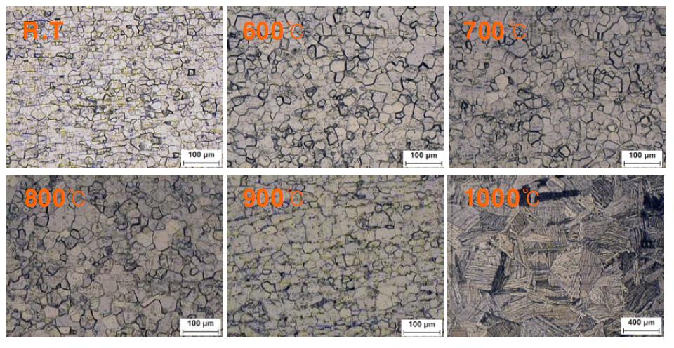 접합 열처리 온도에 따른 Ti 모재의 조직 변화
