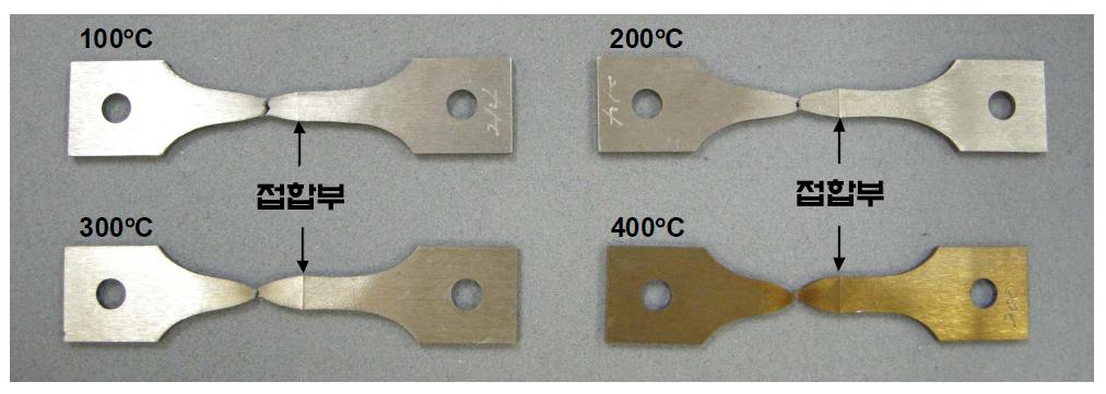 Ti-Ti 저온 고상 접합 시편의 고온 인장 파단 시편