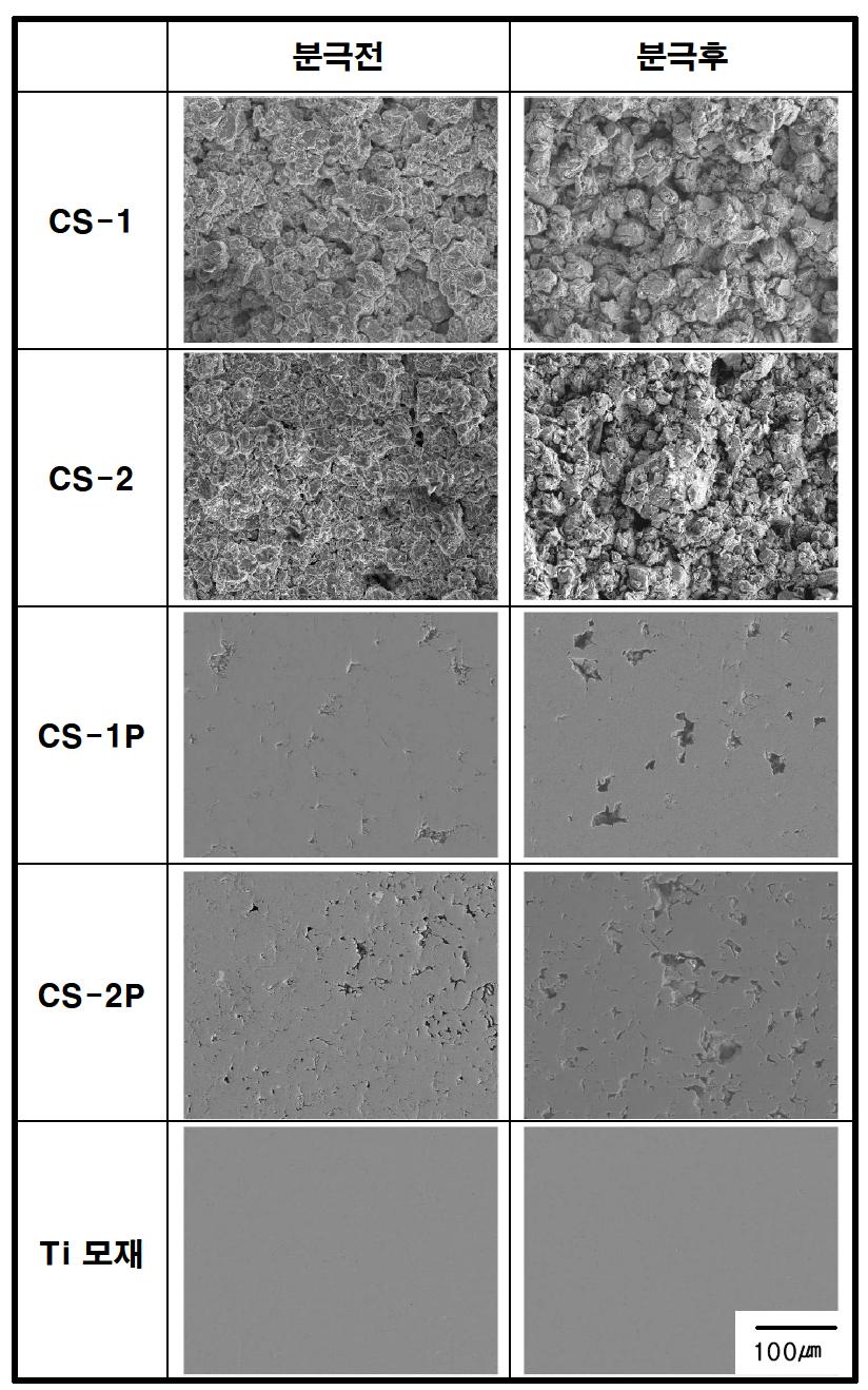 CGDS로 코팅된 Ti 코팅층의 분극시험 전, 후의 조직 변화(P : 표면 연마)
