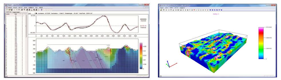 사전정보인 지질단면도를 중첩하여 2차원 수치모델링을 수행하는 인터페이스와 3차원 자력역산 결과인 대자율 입방체 시각화 예