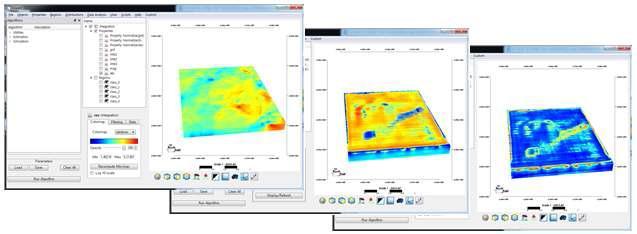 좌측부터 개발된 융합 소프트웨어에 3차원으로 영상화된 전기비저항 모델,대자율 모델, 미분된 대자율 모델
