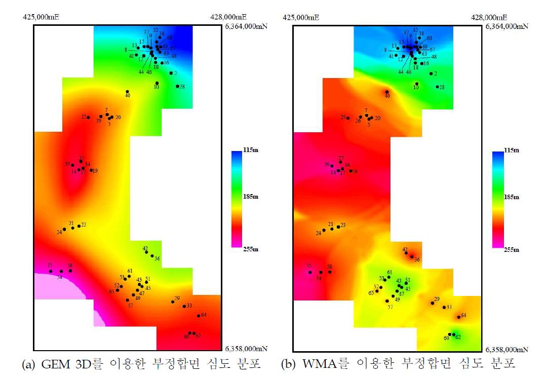 부정합면을 통과한 58개 시추공 정보를 이용하여 부정합면 심도분포 분석