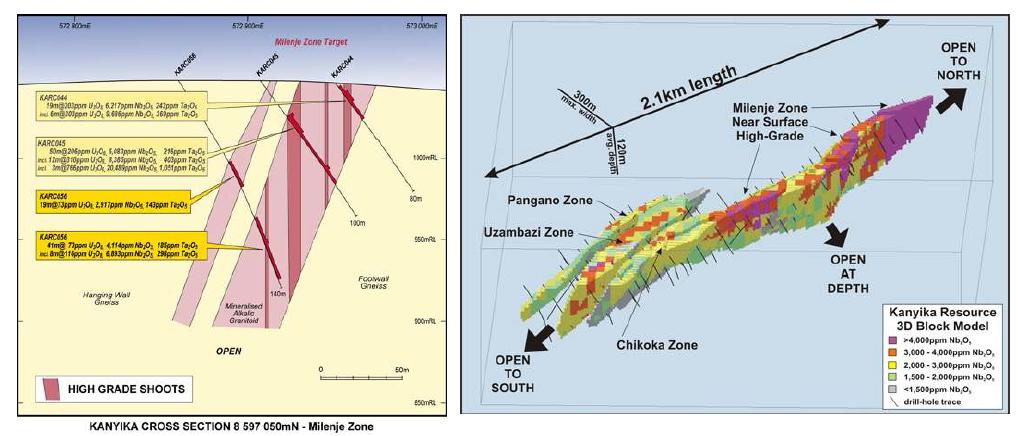 Kanyika 프로젝트: 광체단면도(좌), 3차원 지질모델링을 통한 매장량평가(우)