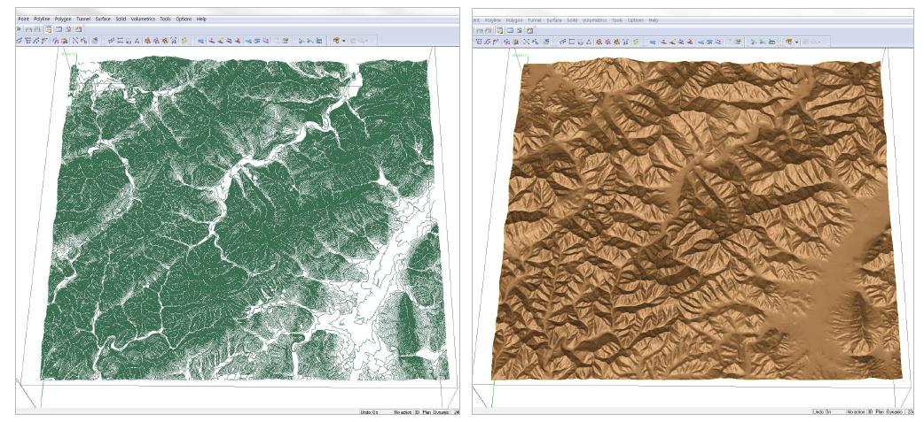 2,3 지역(대전)의 3차원 지형정보(좌)를 통해 만들어진 가상지형(우)
