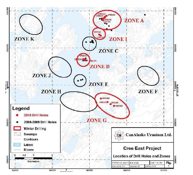 Cree-East 지역 시추위치도 및 구역