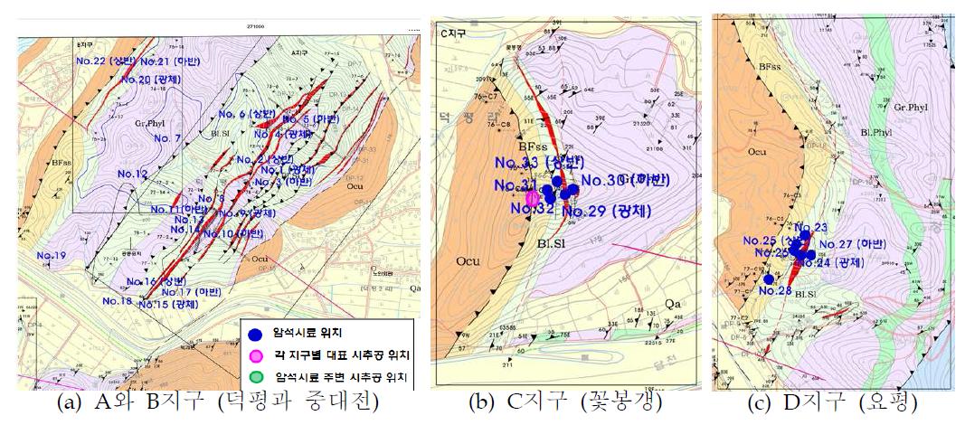 옥천계 각 지구에서 암석시료 채취 위치와 지질도