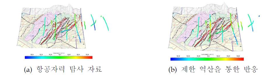 지형 및 지질도 위에 나타낸 무인비행선을 이용한 항공 자력탐사 자료(a). 탐사 측점에서 계산된 무인비행선을 이용한 탐사 자료의 제한역산 결과 모델 반응(b).