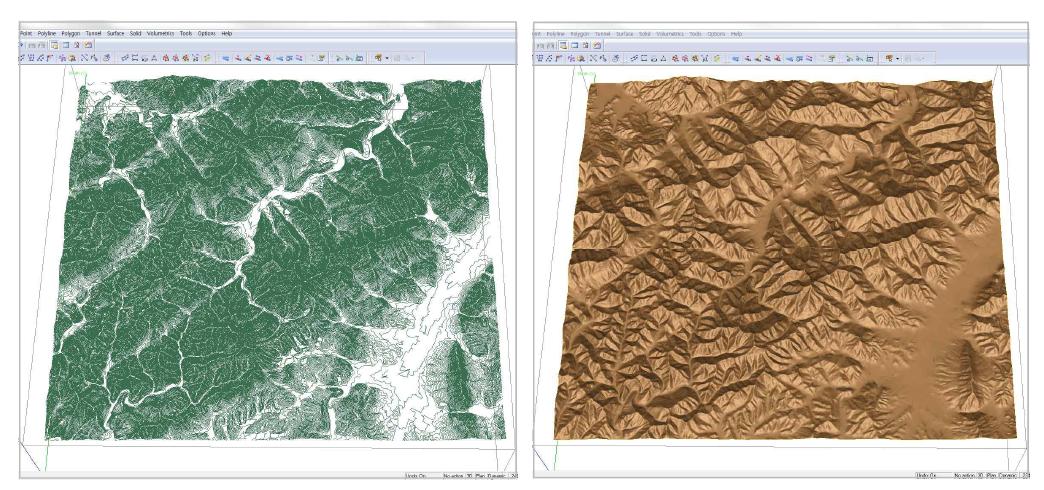 2,3 지역(대전)의 3차원 지형정보(좌)를 통해 만들어진 가상지형(우)