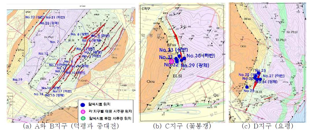 각 지구에서 암석시료 채취 위치와 지질도