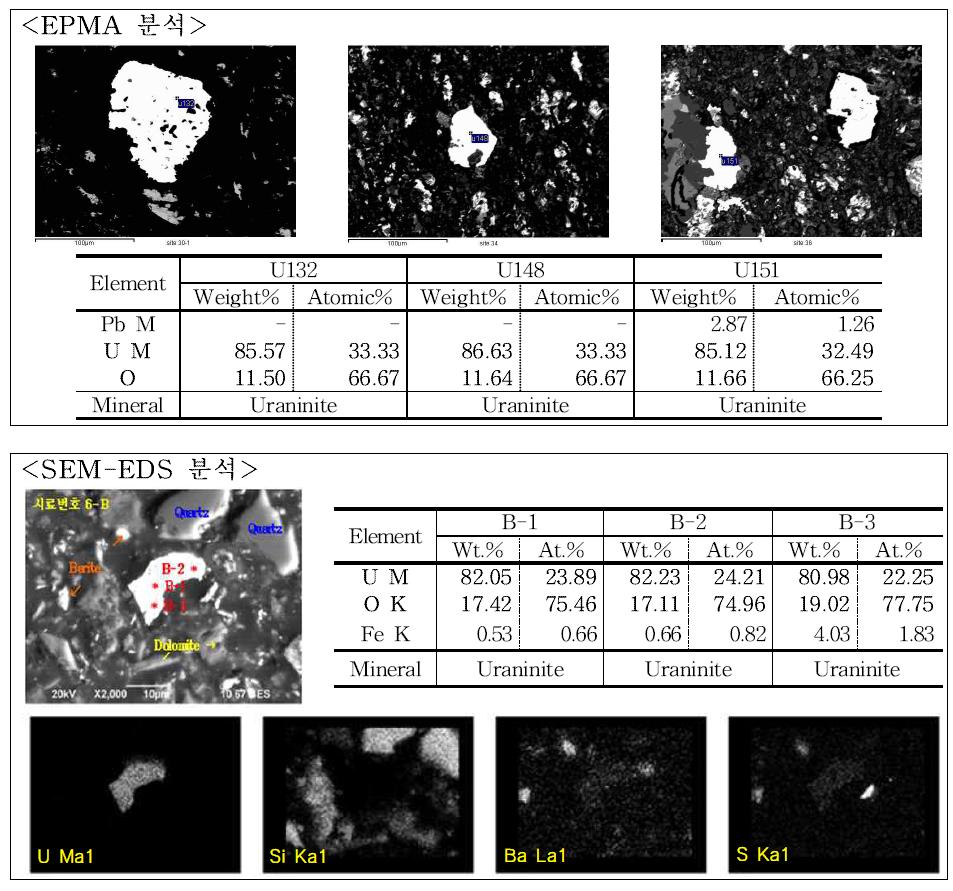 EPMA 및 SEM-EDS 분석 결과(Uraninite)