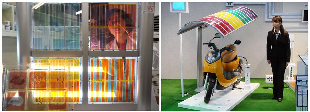 투명특성(왼쪽) 및 컬러특성(오른쪽)의 염료감응 태양전지 모듈 시작품