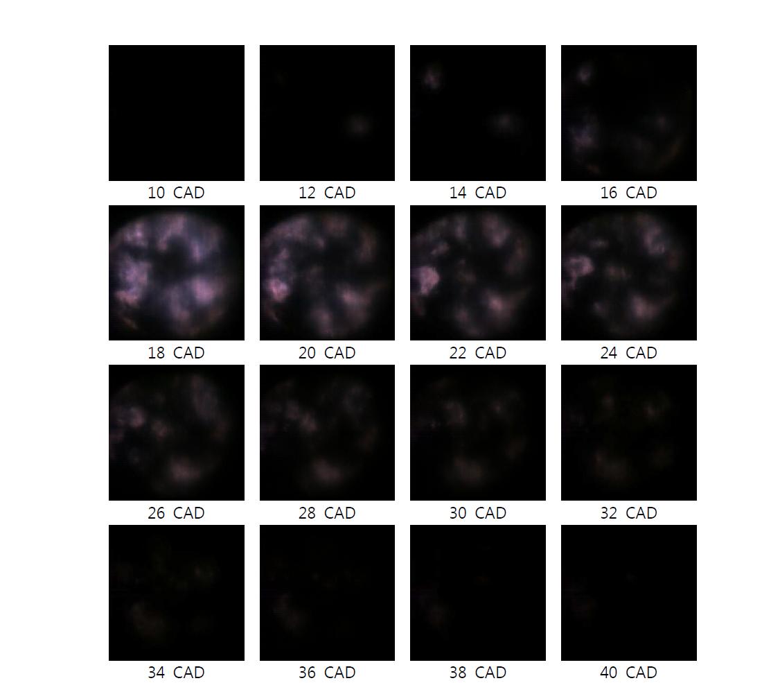 Flame propagation images(BD100, 1500rpm, IMEP=5.6 bar, O2=21%, Pinj=500bar, SOI=BTDC 6 CAD, f/#=8.0)