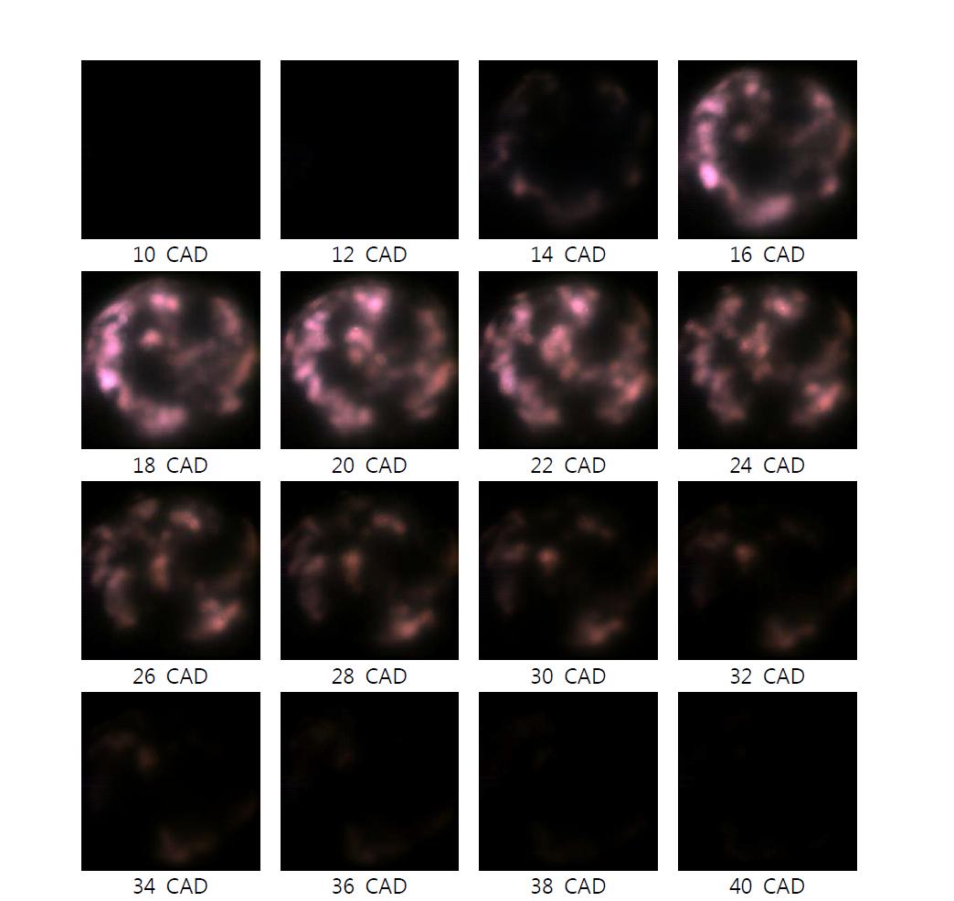 Flame propagation images(Diesel, 1500rpm, IMEP=5.6 bar, O2=13%, Pinj=500bar, SOI=BTDC 20 CAD, f/#=2.8)