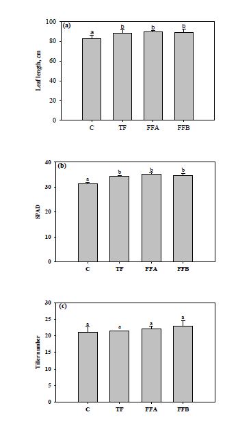 그림 3-18. 벼 초장, 염색도, 분얼 수 조사결과; (a) Leaf length (b) Chlorophyll (c) Tiller number