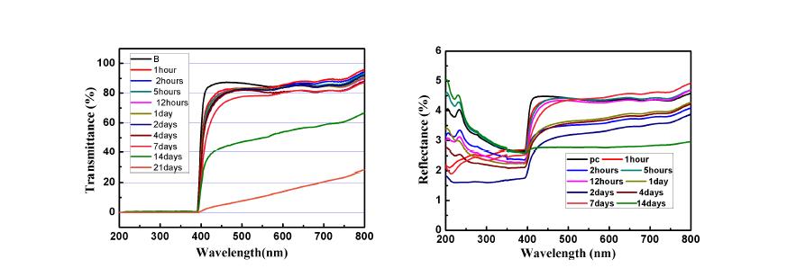 폴리머 투과체 수은 아크 램프 적용 가속 내후성 시험후 UV 조사 시간에 따른 광투과 특성 변화