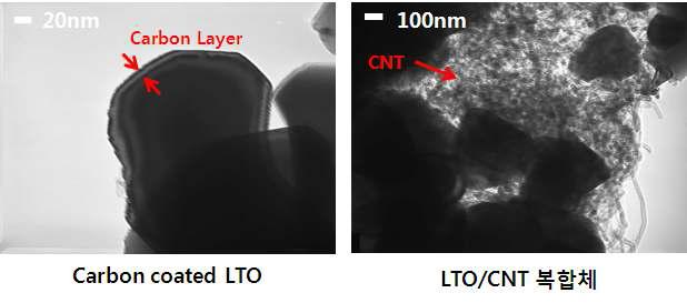 LTO/Carbon 복합체의 TEM 사진