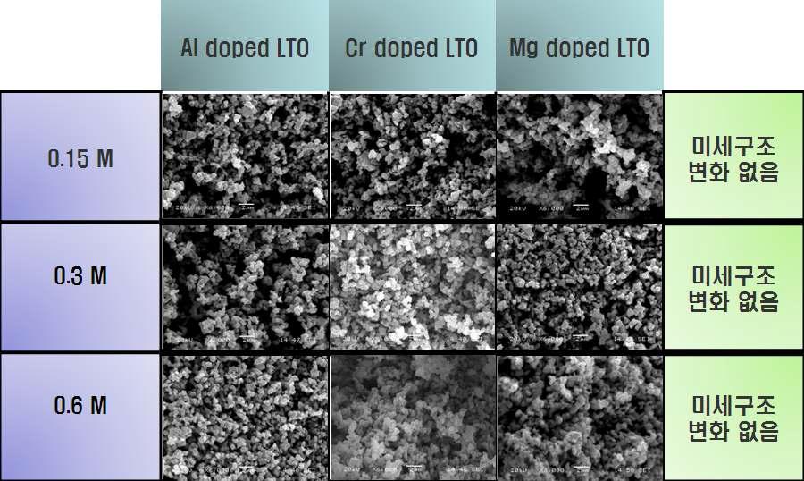 doped-LTO의 원소 및 함량에 따른 SEM 사진