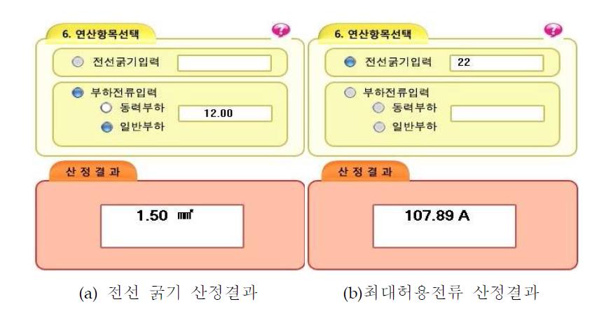 전선 굵기 및 최대허용전류 산정 결과