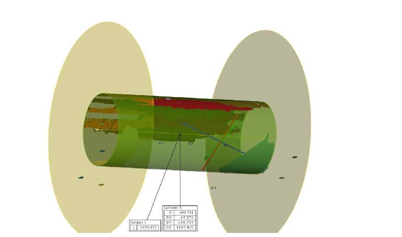 길이 및 직경 정보가 표시된 100mm 철관 3D 스캔이미지