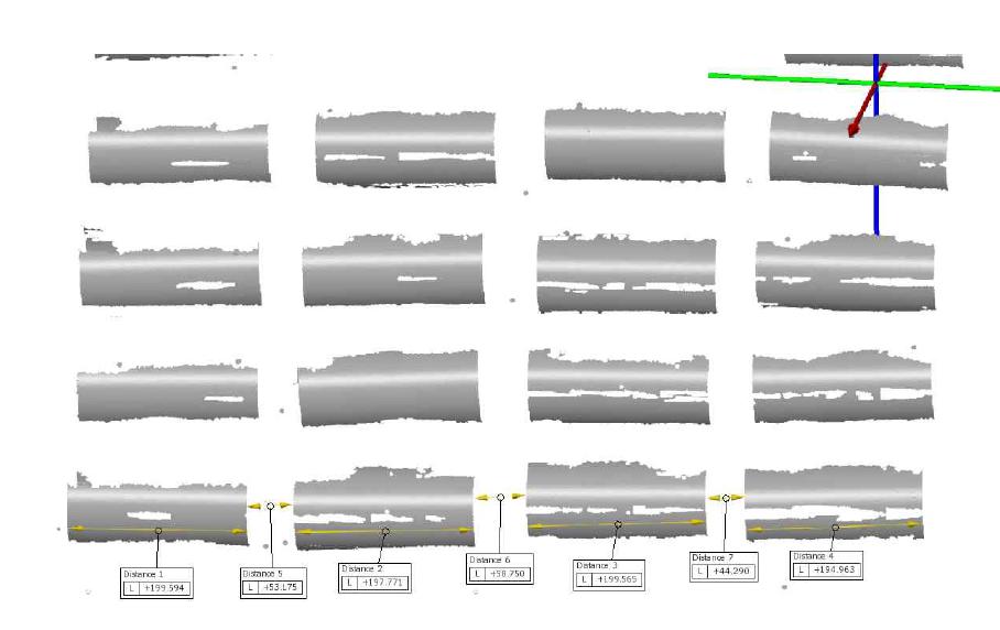 길이 정보가 표시된 100mm 다수 철관 3D 스캔이미지
