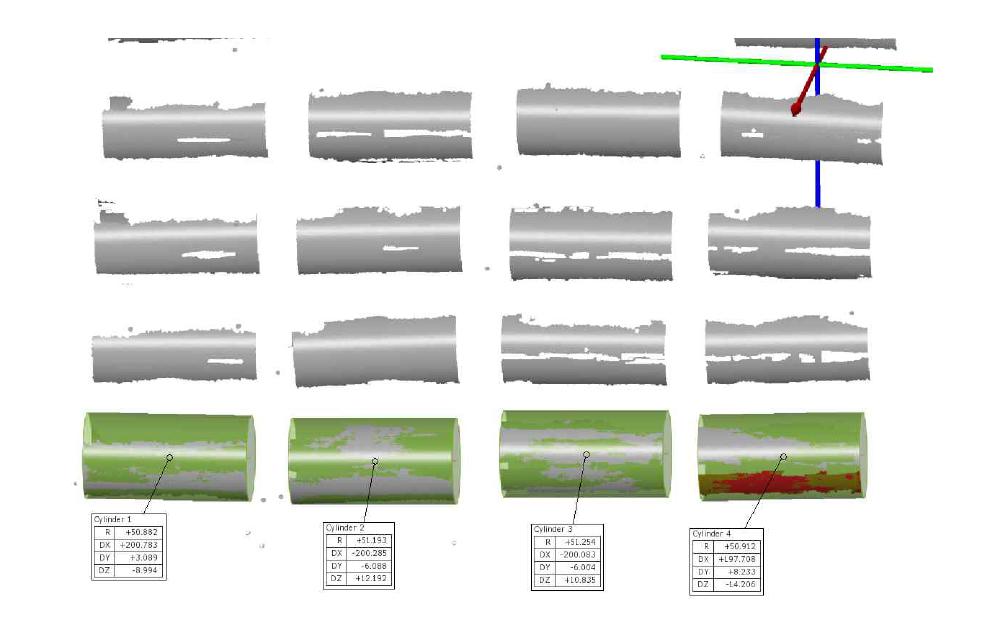 외경 정보가 표시된 100mm 다수 철관 3D 스캔이미지