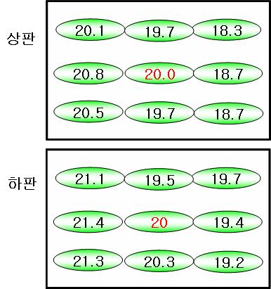 20 μT 자기장 발생장치에서 각 부위별 자기장의 양. 하판 가운데를 20 μT로 하여 상, 하판 9지점을 측정하였다. 각 지점의 자기장 차이는 9% 이내로 측정되었다.