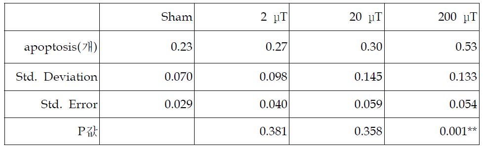 자기장 노출 후 고환 생식세포에서 apoptosis(세포사멸)세포의 통계분석표