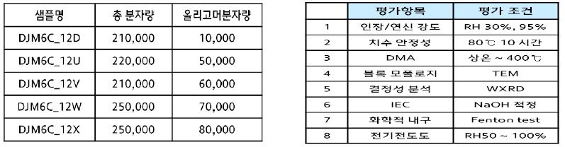 올리고머 분자량에 따른 DJM 샘플 리스트 및 물성 평가 항목.