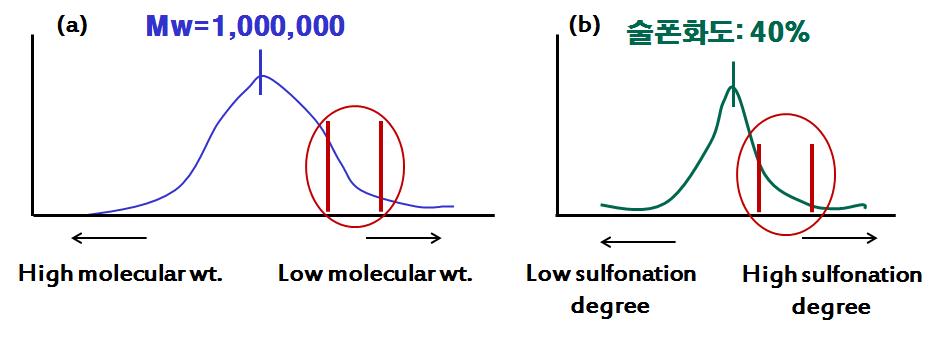 분자량 분포 및 술폰화 분포도.