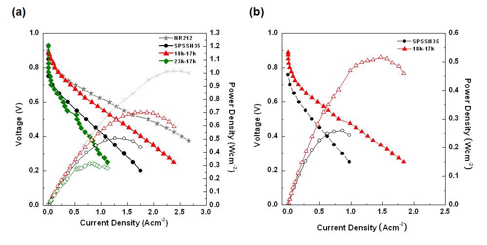 PEMFC 단위전지 성능 (a) 80 °C, RH 100%, (b) 75 °C, RH 65%.