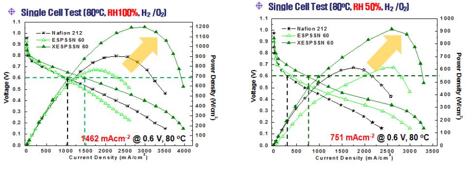 말단가교 전해질막의 single cell test.