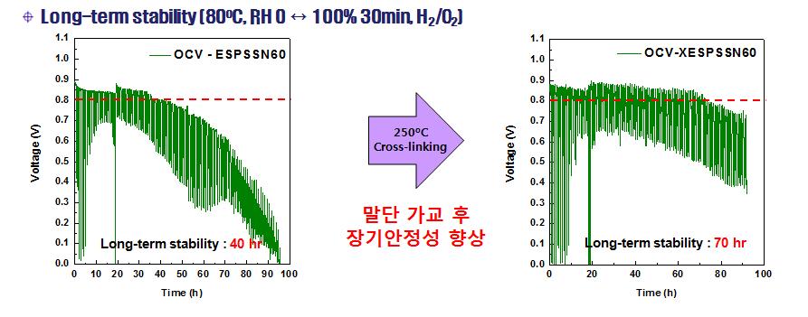 말단가교 전후 전해질막의 장기 안정성 성능 평가.