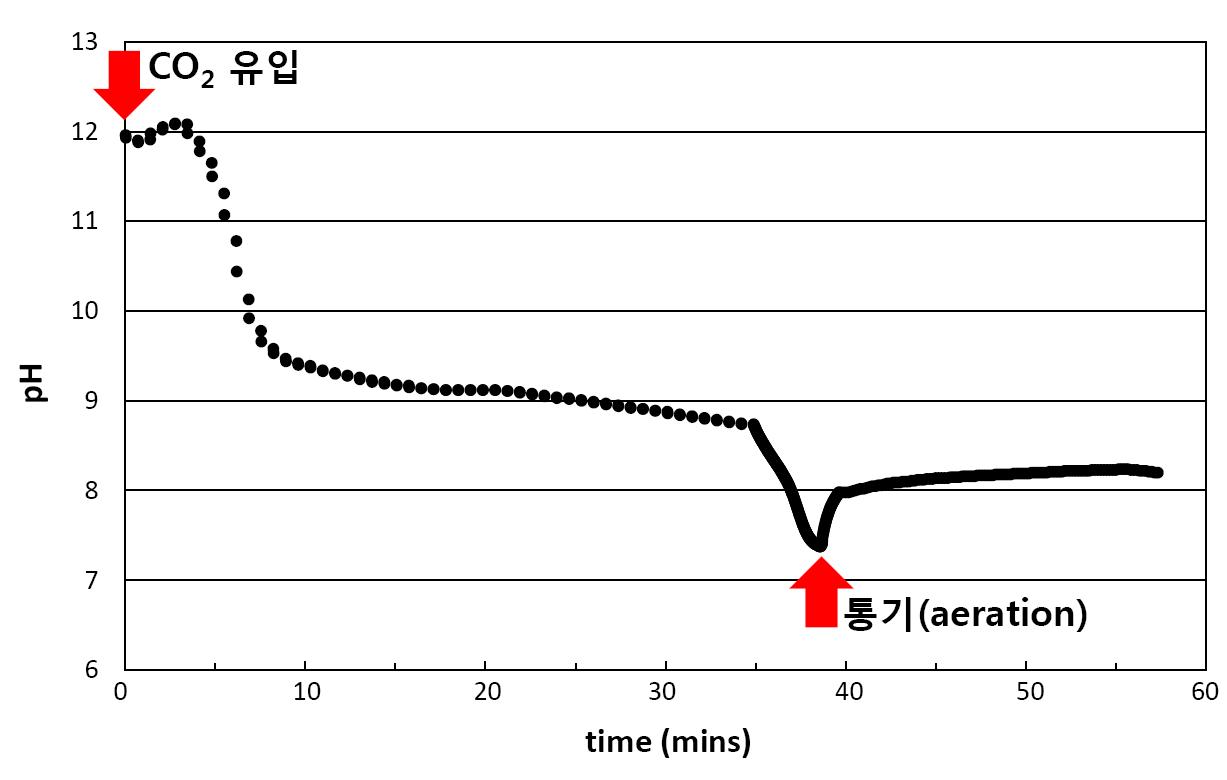 전처리 후 이산화탄소를 반응과정 및 반응 후 통기과정에서의 pH 변화.