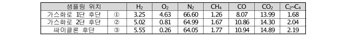 샘플링 위치별 합성가스 조성(Run 5)