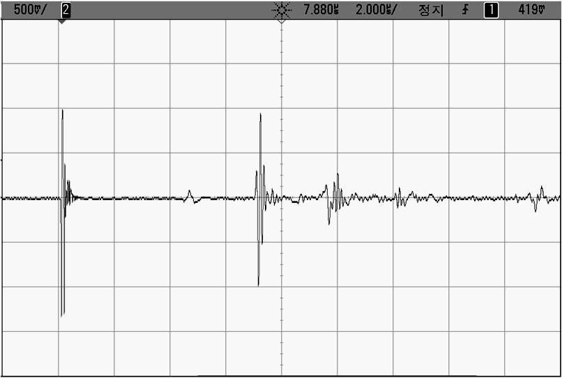 Composite 압전소자를 포함하는 TOFD-5 변환기 쌍의 TOFD 실험결과 (감도 : 33 dB)