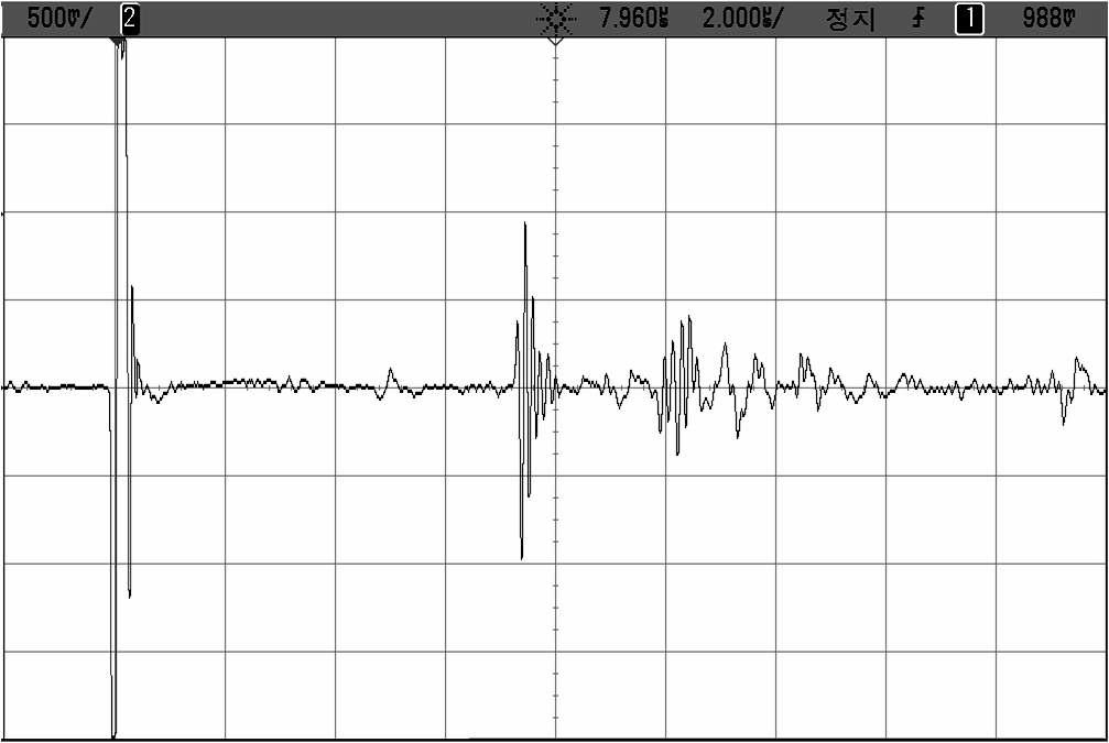 상용품 TOFD 변환기 쌍을 이용하여 얻은 TOFD 실험결과 (감도 : 48 dB)