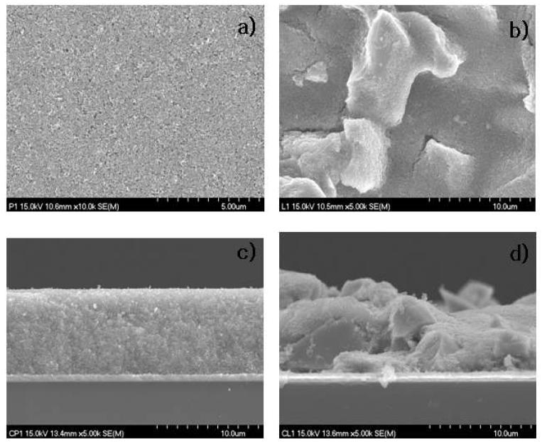 TiO2 표면 SEM 결과 (a) 단면 (b), YAG:Ce를 첨가한 TiO2 표면 (c), (d) 단면.