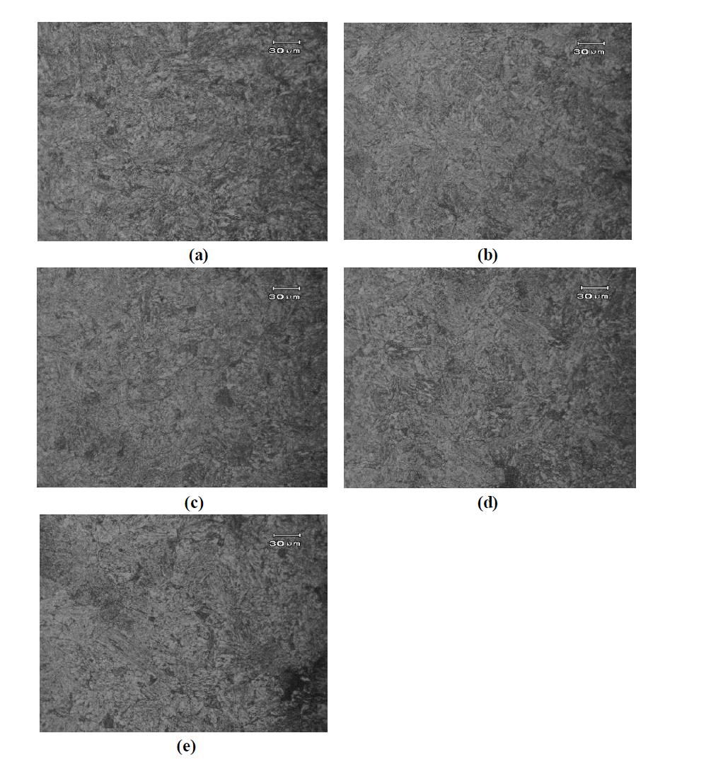 As-received 모델합금의 위치에 다른 광학현미경 사진 (a) 표면부, (b) 2/10T, (c) 3/10T, (d) 4/10T, (e) 중심부
