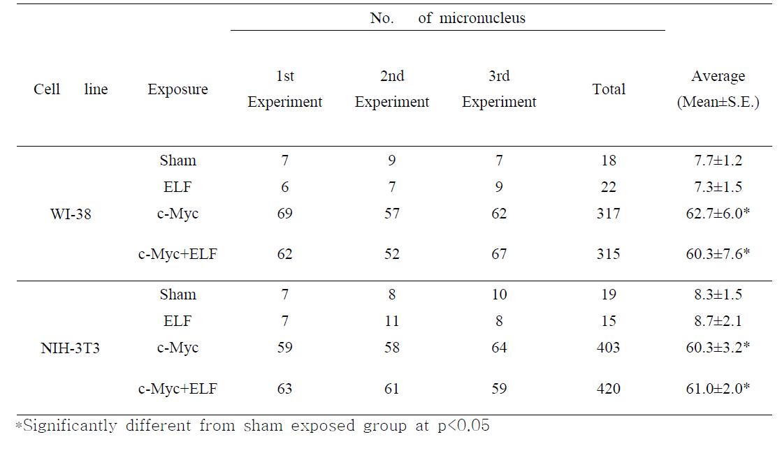 The frequencies of micronucleus in combination of c-Myc activation and ELF exposure.