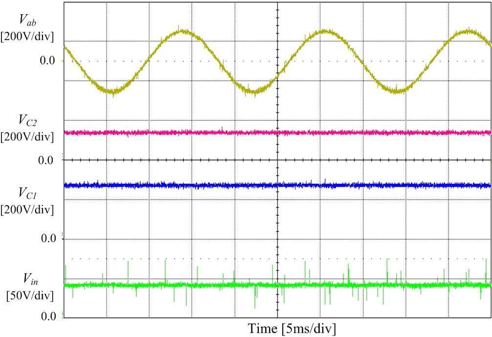 인버터 출력전압, 커패시터 및 입력 직류전압 파형의 실험결과