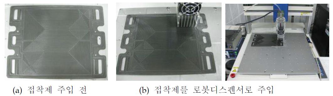 로봇디스펜서로 접합홈에 접착제를 넣는 과정