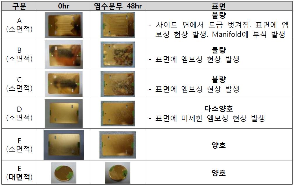 Pd 전처리 조건에 따른 염수분무 시험결과