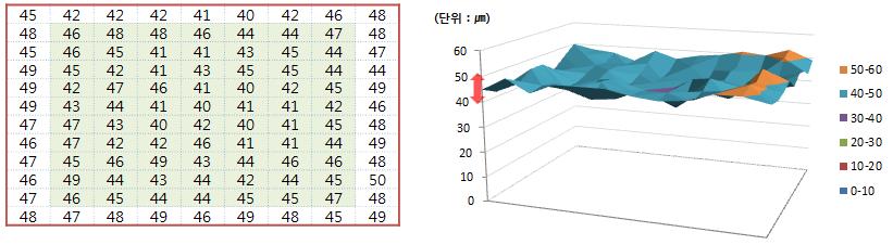 대형욕조 정 중앙에 설치한 카본컴포지트 분리판의 표면처리 두께