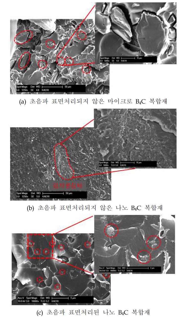 인장시험후 B4C 복합재의 파괴단면 SEM 이미지