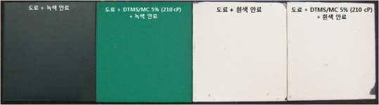 DTMS/MC 10% (210 cP) 첨가 도료에 녹색, 흰색 안료를 각각 첨가한 차열도료