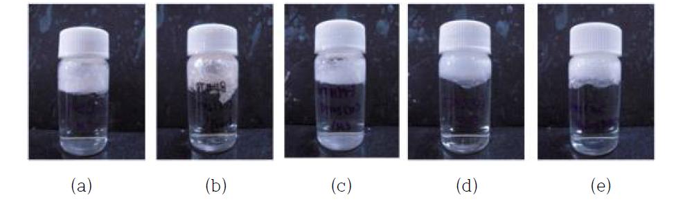 (a) DTMS(3%)-Mica (b) DTMS(3%)-Pearl, (c) DTMS(3%)-HS, (d) DTMS(3%)-ZnO, (e) DTMS(3%)-Hydrotalcite 개질된 무기소재의 소수성 평가