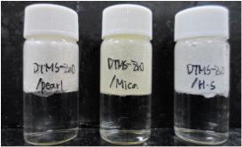 차열소재(고굴절 + Floating 기능) 개질 후 소수성 평가: (a) DTMS-ZnO/Pearl, (b) DTMS-ZnO/Mica, (c) DTMS-ZnO/HS.